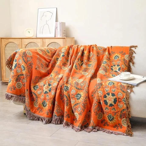 Reversible Cotton Throw Blanket Marigold Floral Design - Image 7
